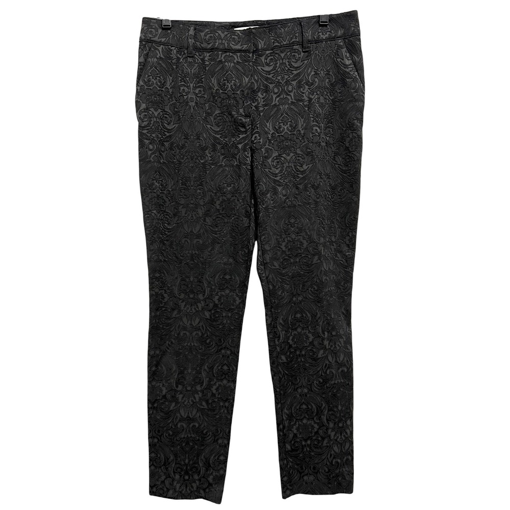 Chico's Jacquard Pants Womens 8/10 Black Damask Scroll Textured Slim Leg Brocade